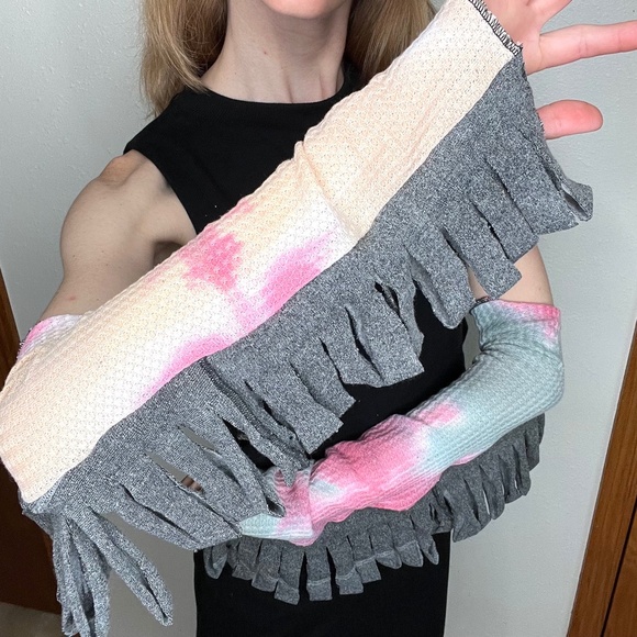 Mummy Bandage Gloves Pink Tie Dye Lace Up Arm Warmers Gray Ripped Whimsygoth Psy - Picture 8 of 11